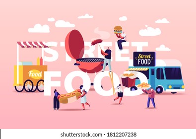 Characters Buying Street Food Concept. Tiny People with Huge Fastfood Burger, Hot Dog with Mustard, French Fries, Eating Junk Food from Truck, Bbq Poster Banner Flyer. Cartoon Vector Illustration