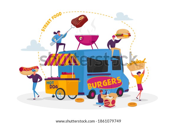 Characters Buying Street Food Concept. Tiny\
People with Huge Fastfood Burger, Hot Dog with Mustard, Wok Noodles\
Eating Junk Grilled Meals from Food Truck and Bbq. Cartoon People\
Vector Illustration