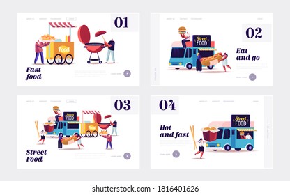 Characters Buying Street Food Landing Page Template Set. Tiny People with Huge Fastfood Burger, Hot Dog and Wok Noodles Eating Junk Grilled Meals from Food Truck and Bbq. Cartoon Vector Illustration