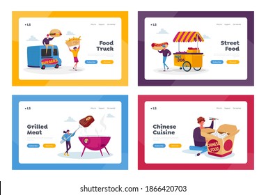 Characters Buying Street Food Landing Page Template Set. Tiny People with Huge Fastfood Burger, Hot Dog, Wok Noodles Eating Junk Meals from Food Truck and Bbq. Cartoon People Vector Illustration