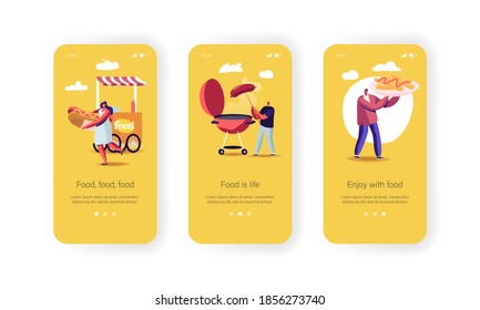 Characters Buying Street Food Mobile App Page Onboard Screen Template. Tiny People with Huge Fastfood Hot Dog and French Fries, Eating Junk Grilled Meals on Bbq Concept. Cartoon Vector Illustration