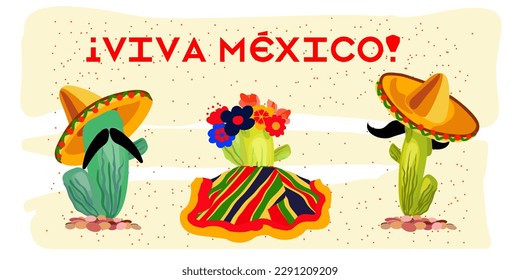 Characters cactus men in a sombrero with a mustache and a girl in a striped skirt. Festive holiday concept. Mexican-themed design elements. Fun and playful graphics. Fiesta-themed stock illustrations.