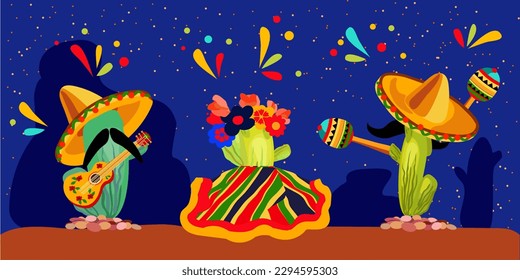 Characters cactus men in a sombrero with a mustache and a girl in a striped skirt. Festive holiday concept. Mexican-themed design elements. Fun and playful graphics. Fiesta-themed stock illustrations.