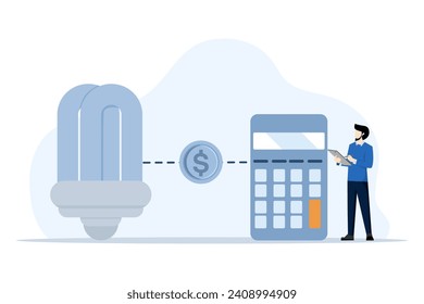 Characters calculate energy consumption at home, energy saving appliances, and use of energy saving light bulbs. green energy and power saving concept. Vector illustration.