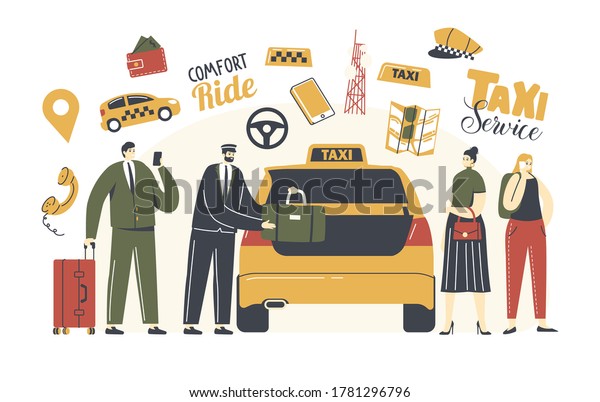 Characters Call Taxi Service. Driver in\
Uniform Put Passengers Baggage in Yellow Cab. People Ordering Taxi\
Car Using Application and Catching on Street, City Destination.\
Linear Vector\
Illustration