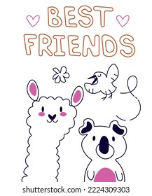 Characters card cute llama koala and bird with a smile, on a white background. Text best friends It can be used for sticker, patch, phone case, poster, t-shirt, mug and other design. EPS