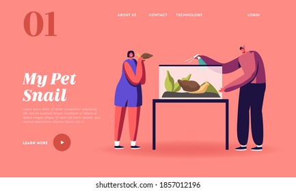 Characters Care of Achatina Snails Landing Page Template. . People Caring of Mollusk Pets Feeding with Green Leaves and Cleaning Terrarium. Biology, Zoology Creature Hobby. Cartoon Vector Illustration