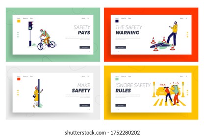 Caracteres sin cuidado mientras se utiliza Smartphones Landing Page Template Set. Hombres, mujeres, adolescentes hablando y comunicándose usando Gadget Crossing Road, caminando por la calle. Ilustración de vectores de personas lineales