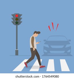 Caracter sin cuidado al usar smartphones en el fondo de la ciudad. Jóvenes Chateando y comunicándose usando Gadgets Crossing Road, caminando por la calle.  Ilustración vectorial