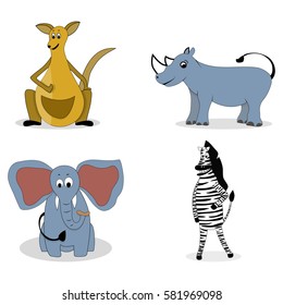 Characters carnivores vector. Kangaroos and rhino, zebra and elephant illustration
