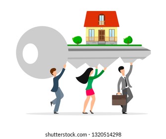 Characters carry the key of the property with the house on the key. Vector illustration of a flat style.