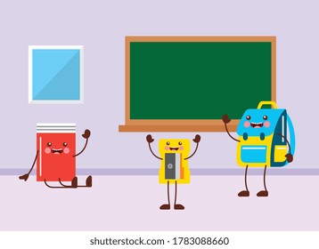 characters cartoon into classroom with chalkboard. back to school. vector illustration