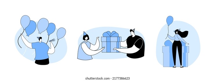 Characters Celebrate Birthday, Tiny Female at Huge Present Box, Man and Woman with Balloons, Festive Hats and Gift Party Celebration Isolated Design Elements. Cartoon Vector Illustration