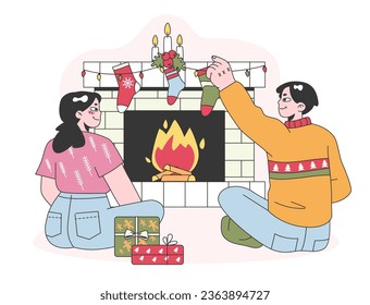 Characters celebrate christmas and new year. Family or cute couple, young man and woman sitting together at the fireplace on winter holiday. Festive tradition. Flat vector illustration