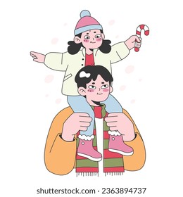 Characters celebrate christmas and new year. Family members spending time outdoors on winter holiday. Little girl sitting on her father neck. Festive tradition. Flat vector illustration