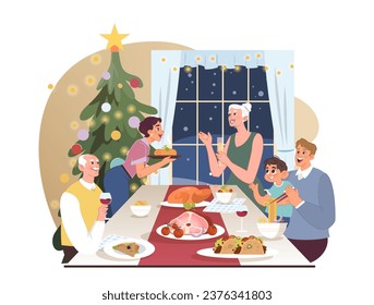 Characters celebrate christmas and new year. Family members, mom, dad, child and grandparents at dinning table on winter holiday. Big family having festive traditional meal. Flat vector illustration