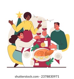 Characters celebrate christmas and new year. Family members or friends sitting at dinning table on winter holiday. Festive traditional meal and wine. Flat vector illustration