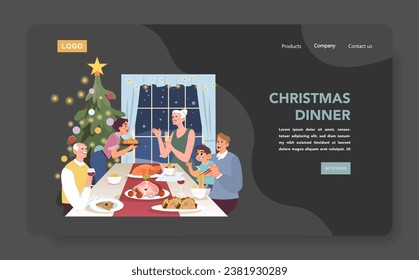 Characters celebrate christmas and new year dark mode or night mode web banner or landing page. Family members, mom, dad, child and grandparents at the festive dinning table. Flat vector illustration