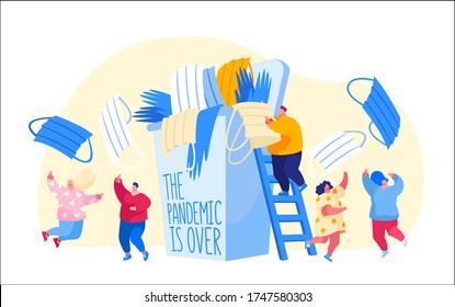 Characters Celebrate End of Quarantine. Pandemic of Coronavirus Covid-19 Lockdown Over Concept. Joyful and Happiness Feeling, Emotions, Joyful People Throw Out Masks. Cartoon Vector Illustration