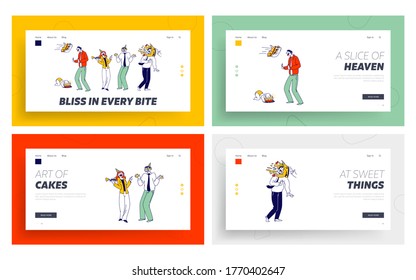 Characters Celebrate Event Landing Page Template Set. Business Man got Cake in Face. Children First Birthday Party. Baby Eat Cake with Hands Smearing Face, Surprise. Linear People Vector Illustration