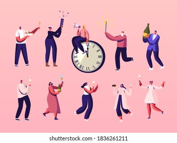 Characters Celebrate Happy New Year Having Fun, Drinking Champagne, Eating Meals and Shoot with Flappers at at Chiming Clock. People Greeting and Dancing, Congratulations. Cartoon Vector Illustration