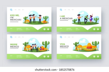 Characters Celebrate Mexican Party Landing Page Template Set. People In Traditional Clothes, Mariachi Musicians with Guitars and Dancers Celebrating National Holiday. Cartoon Vector Illustration