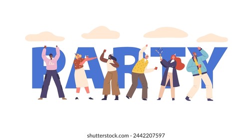Characters Celebrate Party Concept. People Relax With Music, Laughter, Firework And Drinks, Creating A Lively Atmosphere