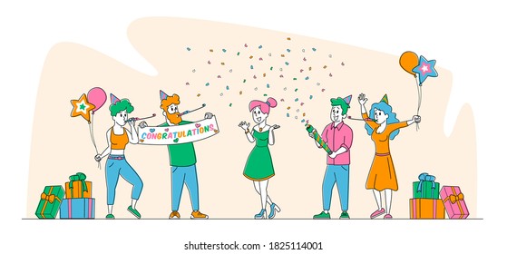 Characters Celebrate Surprise Birthday Party. Group of Cheerful Friends in Festive Hats Playing Pipes with Balloons and Confetti Make Surprising Event for Girl. Linear People Vector Illustration