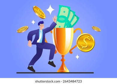 Characters celebrating first place victory with golden cup, medal and other winning trophies. Business goals, achievement and success. Get reward and celebrate. success, leadership, awards. Vector 