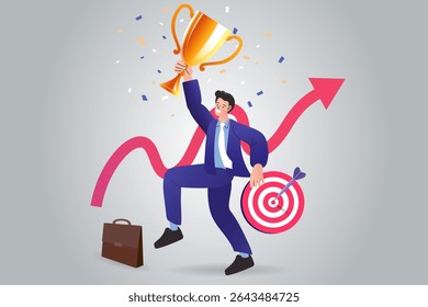 Characters celebrating first place victory with golden cup, medal and other winning trophies. Business goals, achievement and success. Get reward and celebrate. success, leadership, awards. Vector 