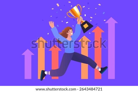 Characters celebrating first place victory with golden cup, medal and other winning trophies. Business goals, achievement and success. Get reward and celebrate. success, leadership, awards. Vector 
