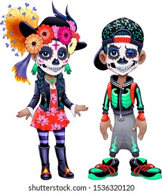 Characters celebrating the Mexican Halloween called Los Dias de Los Muertos. Vector isolated illustration