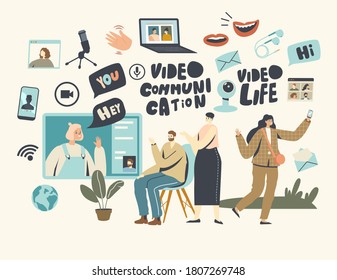 Los Personajes Charlan En Línea Concepto. Video Comunicación, Chatting, Tecnologías digitales de Internet. Los padres se comunican con la hija adulta a través de programas informáticos. Ilustración de vectores de personas lineales