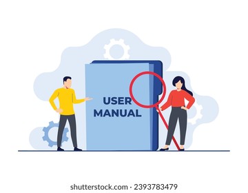 Characters checking user manual book, Handbook, Guidebook, instruction book, Customer guide, Useful information, Technical document, Help, Specifications user guidance flat illustrations 