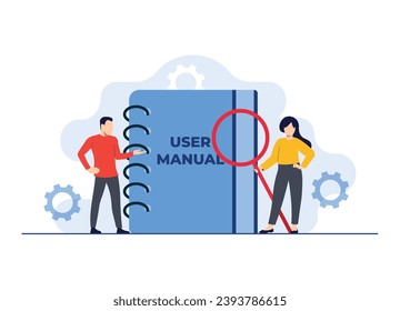 Characters checking user manual book, Handbook, Guidebook, instruction book, Customer guide, Useful information, Technical document, Help, Specifications user guidance flat illustrations 