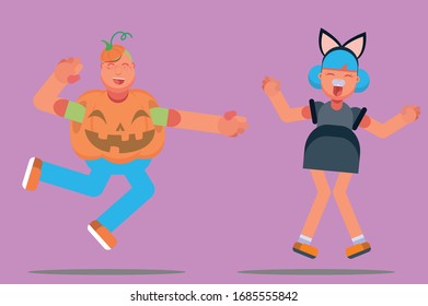 Characters of a cheerful boy and girl wearing Halloween costume. Simple character vector illustration, this illustration can use as a sticker also.