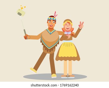 Characters of cheerful teens taking a picture together. Thanksgiving theme. Simple character vector illustration.