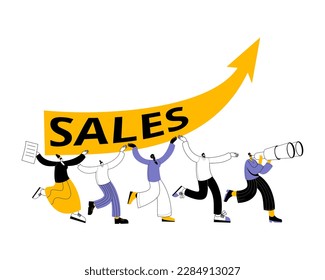 The characters cheerfully carry a growing sales arrow. Vector illustration on the topic of teamwork in the sales department.