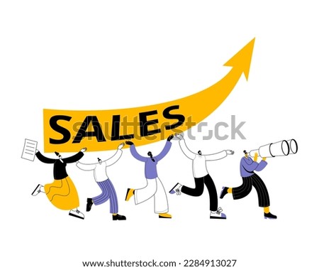 The characters cheerfully carry a growing sales arrow. Vector illustration on the topic of teamwork in the sales department.