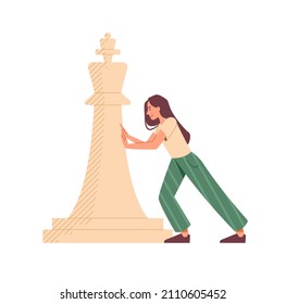 Characters with chess. Girl moves king. Checkmate, defense of main piece. Character movement. Intelligent logic game, smart person. Grandmaster plays with white. Cartoon flat vector illustration