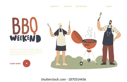 Characters in Chief Apron Spend Time on Outdoor Bbq Landing Page Template. Family or Friends Cooking Meat on Barbecue Machine at Front Yard Having Fun at Summer Time. Linear People Vector Illustration