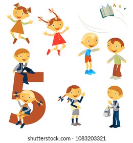 Characters. Children. Many cheerful children. Flat style. White background. Suitable for animation. Illustration. Vector graphics.