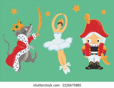 Characters of the children's fairy tale Nutcracker. Rat king, ballerina princess and nutcracker. Holiday card design. Colorful vector illustration. New year illustration.