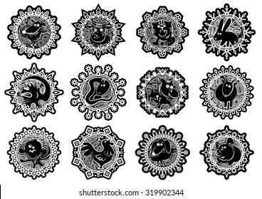 Characters Chinese zodiac signs in the snowflake. Black and white.Vector illustration