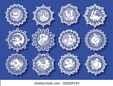 Characters Chinese zodiac signs in the white snowflakes on a blue background.Vector illustration