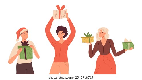 Characters with Christmas gifts. People carrying xmas gifts boxes, winter holidays gifts exchange flat vector illustration set. Happy man and woman with presents