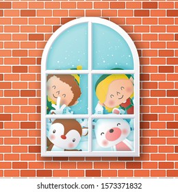 Characters of christmas looking through window,Christmas and Happy New Year,Paper art design and craft style