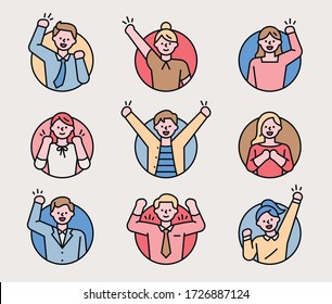 The characters in the circle smile and hold hands to cheer. flat design style minimal vector illustration.