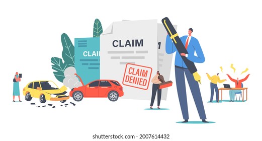 Characters Claim Insurance for Car Accident. Male and Female Characters Dispute with Agents for Denied Policy Paper, Document to Get Money for Broken Automobile. Cartoon People Vector Illustration