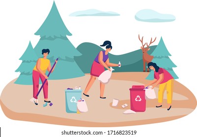 Characters clean forest from rubbish concept and vector illustration on white background. Female and male sorting and cleaning of garbage from planet. Save woodland from trash. Flat style.